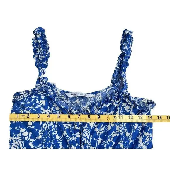 Zara Blue & White Floral Ruffle Crop Tank Top - Size Medium - Picture 6 of 9